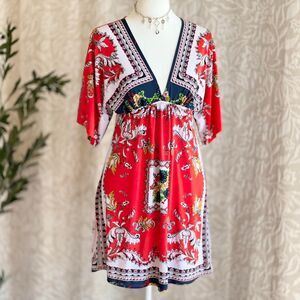 NWOT Miss Mima Red Scarf Print Dress Top Baroque Boho Resortwear Mini Tunic Sz S